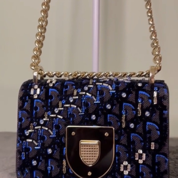 Dior Handbags - DIOR Extremely Rare Like New Blue DIORAMA Velvet + Crystal Flap Bag w Chain